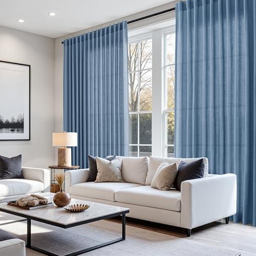Stone Blue Linen Curtains 96 Inches Long for Bedroom Back Tab Modern Simplicity Farmhouse Coastal Decor Light Filtering Curtain for Living Room Dinning Room 52x96 8 FT (52"W x 96"L (Pack of 2) / Stone Blue)