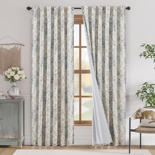 Floral Linen Blackout Curtains for Bedroom 84 Inches Long (Grey / 50"W x 84"L (Pack of 2))