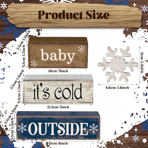4 Pcs Wooden Block Signs Baby Its Cold Outside Farmhouse Decor (Snowflake)