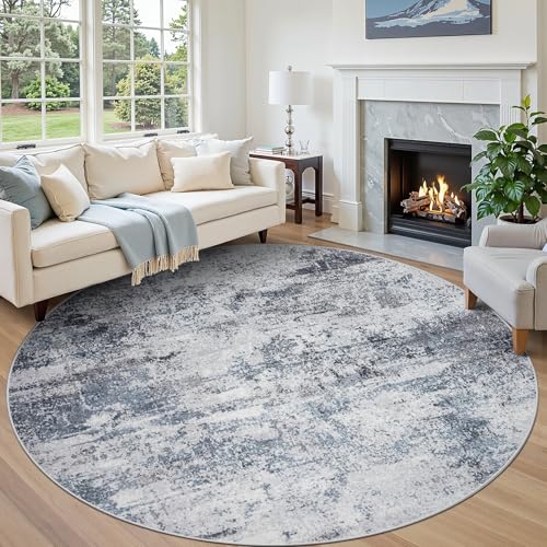 Round Rug 8ft Washable Rug for Dining Room Living Room Blue Grey (Blue/Grey / 8' (Round))