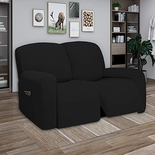 Super Stretch Loveseat Recliner Sofa Couch Cover with Pocket (Medium Recliner Loveseat / Black)