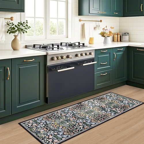 2x6 Washable Runner Rug：Floral Indoor Kitchen Carpet Dark Black (Dark Black / 2' x 6' (Runner))