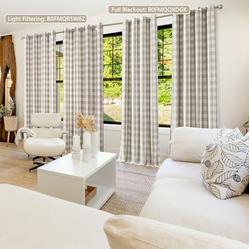 Beige Buffalo Plaid Semi Sheer Grommet Curtains 84 Inch Length (Beige/White / 52"W x 84"L (Pack of 2))