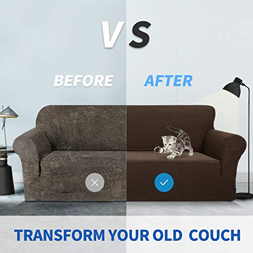1 Piece Jacquard Couch Covers for 3 Cushion Couch Living Room High Stretch Sofa Cover Pets Dogs Friendly Anti Slip Thickened Slipcovers Furniture Protector (Large (71"-90") / Dark Coffee)