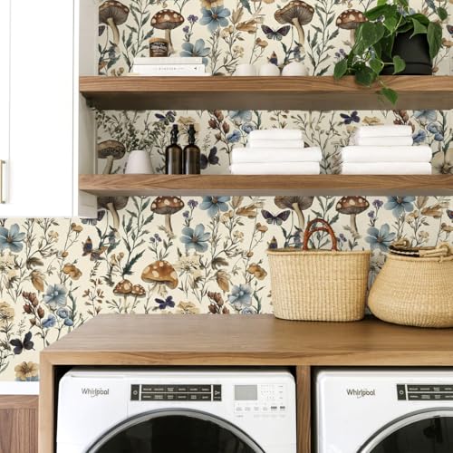 Mushroom Wallpaper Peel and Stick Vintage Floral 16.9" x 590.5" (Beige / 16.9" x 590.5")