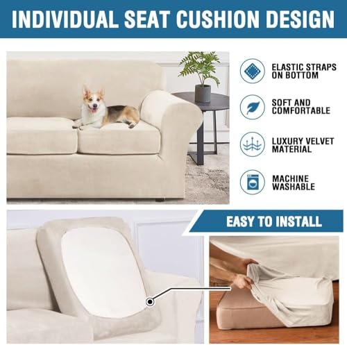 High Stretch Sofa Slipcover 4 Piece Cover Velvet Furniture Protector Form Fit Thick Velvet Extra Large Sofa Cover for 3 Cushion Couch Width Up to 97 Inch (3 Cushion Large Sofa / Cream)