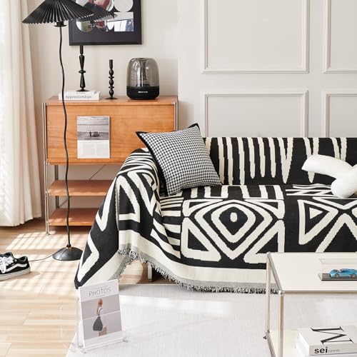 Boho Sofa Covers for Dogs Black Couch Sofa Covers for 3 Cushion Couch Sofa Beige Chenille Sofa Slipcover Washable Sectional l Shaped Covers Pets Protector Furniture Covers (71" x 134" / T:black)