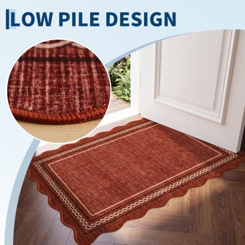 Scalloped Washable Runner Rug 2x10 Non Slip Kitchen Rugs (Rust Red / 2' x 10' (Runner))