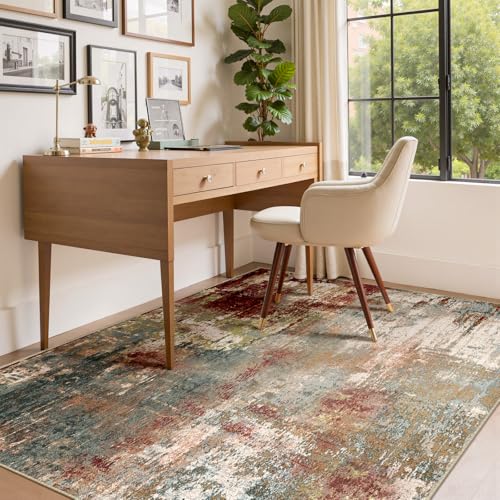 Washable 4'x6' Abstract Area Rug for Living Room Rustic Brown (Rust Red/Green/Blue/Multi / 4' x 6' (Rectangular))