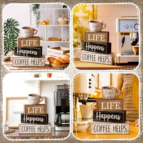 4 Pcs Wooden Coffee Bar Signs Farmhouse Table Decor Blocks (Coffee Lover)