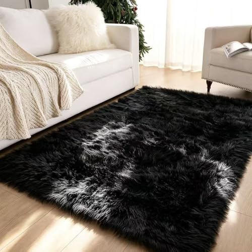Faux Fur Rug Black Sheepskin Area Rug (Black / 4' x 6' (Rectangular))