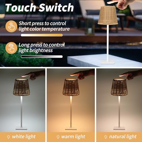 Outdoor Waterproof Cordless Wireless Rechargeable Portable Top Touch Battery Operated Powered LED Table Lamp Desk Lamp Lights for Restaurant Kitchen Patio Dinner Dining (Green Stripe+Wicker Lampshade)