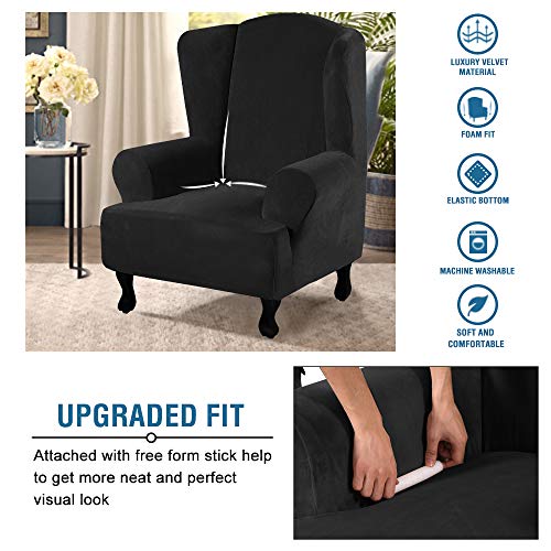 Wingback Chair Covers Velvet Plush Wing Chair Slipcover 1 Piece High Stretch Wing Back Chair Slipcovers Sofa Cover Furniture Cover with Elastic Bottom (Jet Black / Wing Chair)