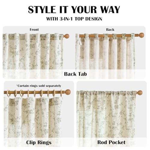 Extra Long Green Vintage Floral Linen Curtains Farmhouse 2 Panels (Green on Beige / 38"W x 108"L (Pack of 2))