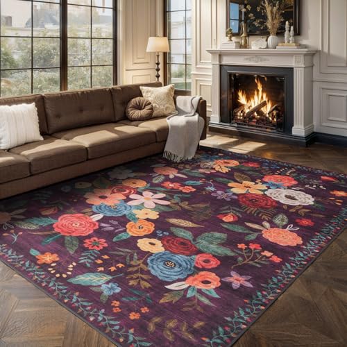 Purple Floral Area Rug 8 x 10 for Living Room Bedroom (Purple / 8' x 10' (Rectangular))