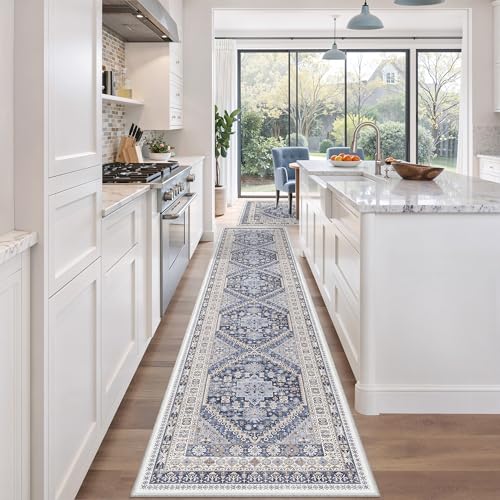 2'6 x 12' Runner Rug Non Slip (Blue/Beige / 2'6" x 12' (Runner))