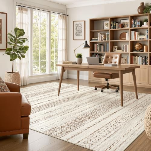 Boho 5x8 Area Rug Living Room Rugs Machine Washable Brown (Brown Tan / 5' X 8' (Rectangular))