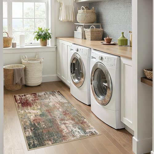Washable 3'x4' Abstract Area Rug for Living Room Rustic Brown (Rust Red/Green/Blue/Multi / 3' x 4' (Rectangular))