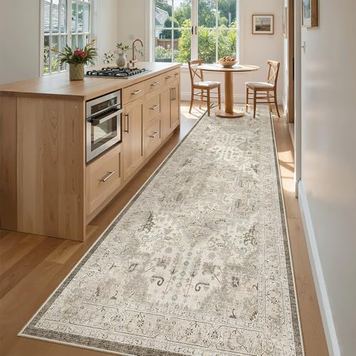 Hallway Runner Rug 3x10 Washable Kitchen Runners 10ft (Ivory/Brown / 3' x 10' (Runner))