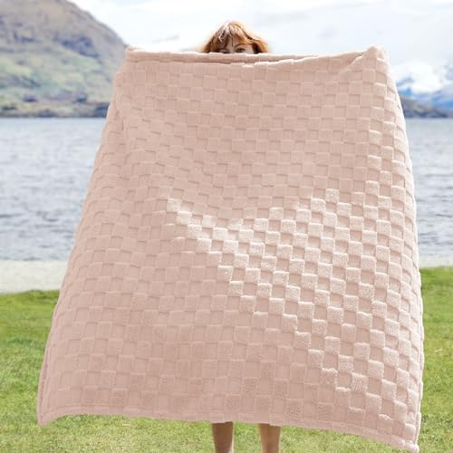 Checkered Fleece Throw Blankets for Bed (Light Pink / Throw XL (50" X 70"))