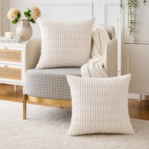 Pack of 2 Corduroy Decorative Throw Pillow Covers 22x22 Inch (Cream White / 22" x 22" (Pack of 2))
