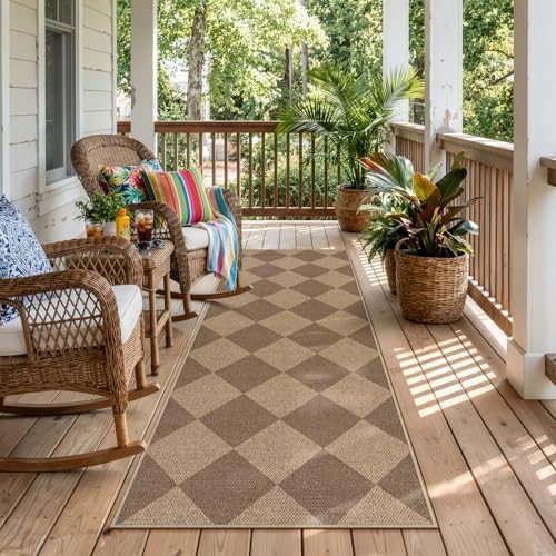 Checkered Easy Jute Outdoor Runner Rug (2' x 6' (Runner) / Nature/Checkerboard -2)