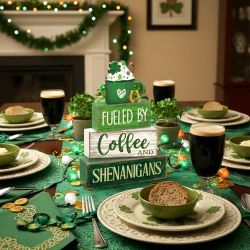 4 Pcs Wooden Tiered Tray Decor Irish Farmhouse Table Sign Coffee (Shamrock)