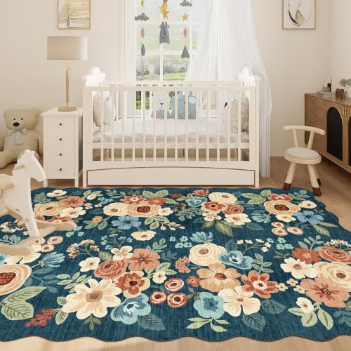 6x9 Area Rugs Floral Washable Living Room Rug Non Slip Prussian Blue (Prussian Blue (Big) / 6' x 9' (Rectangular))