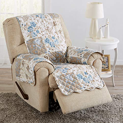 Reversible Floral Patchwork Recliner Furniture Protector (Recliner / Taupe / Blue)