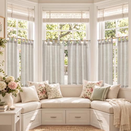Tab Top Linen Kitchen Curtains 36 Inches Striped Tier Curtains Farmhouse Modern Cafe Style Small Window Treatments Airy Light Filtering Rod Pocket for Living Room Bathroom 2 Panels Taupe Grey (D | Taupe Grey on Beige / 26"W x 36"L (Pack of 2))