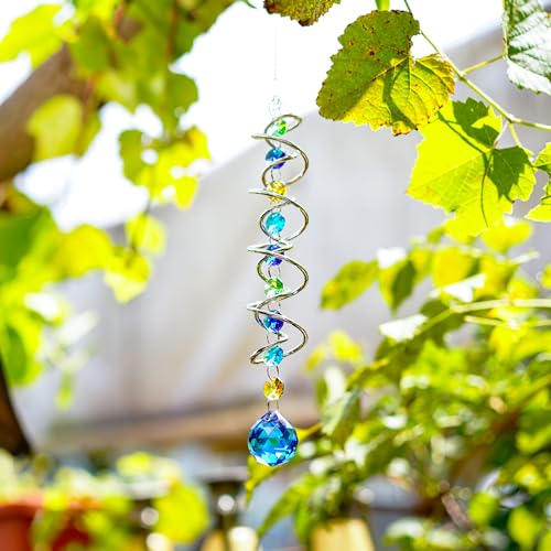 20.5in Sea Blue Crystal Gazing Ball Spiral Wind Spinner Suncatcher (Silver With Blue Ball Drop Prism)