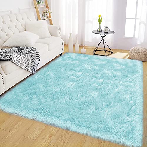 Light Blue Rugs for Living Room 6x8 Faux Sheepskin Fur Rug Washable Fluffy Rugs Shag Fuzzy Rug for Bedroom Entertainment Room Home Decor (6' x 8' (Rectangular) / Light Blue)