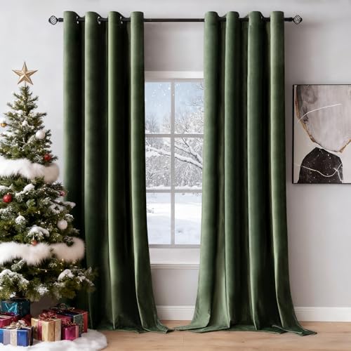 Velvet Curtains Olive Green 52 x 84 Inch Length Set of 2 (Olive Green / 52"W x 84"L (Pack of 2))