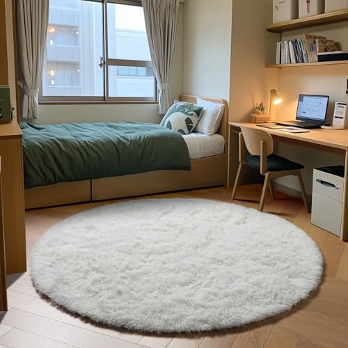 Cream White Fluffy Round Rug Circle Area Rugs 4ft for Kids Teen Bedroom (Cream White / 4' (Round))