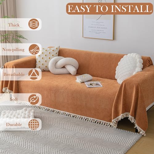 Dark Orange Sofa Covers Couch Cover for Dogs Colorful Tassel Lovetseat Cover Pet Couch Cover Bohemian Sofa Cover for Couch Vintage Boho Couch Covers Futon Cover Pet (91" x 118" / Tassel Ball: Orange)