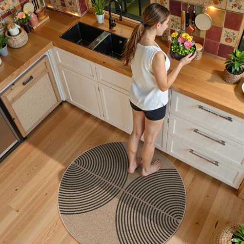 Modern Rainbow Round Rug 4ft (4' Round / Nature/Black Rainbow)