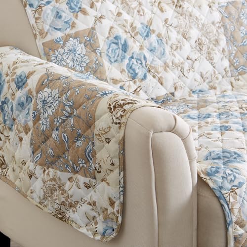 Reversible Floral Patchwork Recliner Furniture Protector (Recliner / Taupe / Blue)