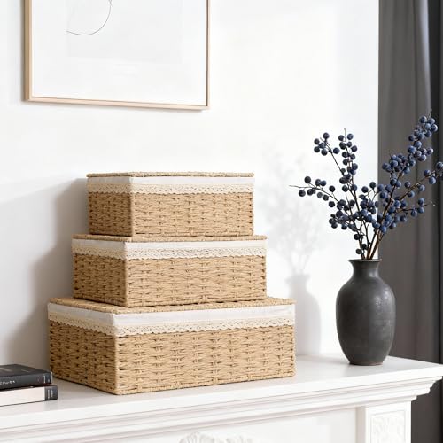 Rattan Divided Storage Basket with Lid (Divided Paper * Set of 3)