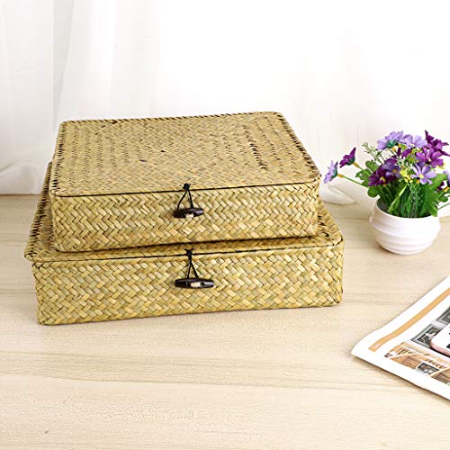2 Packs Flat Wicker Basket Box with Lid Woven Seagrass Storage Bins (Small+Large / Natural Color)