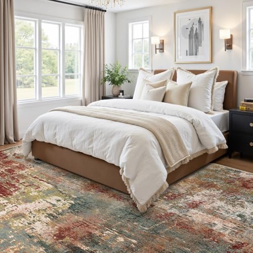 Washable 9'x12' Abstract Area Rug for Living Room Rustic Brown (Rust Red/Green/Blue/Multi / 9' x 12' (Rectangular))