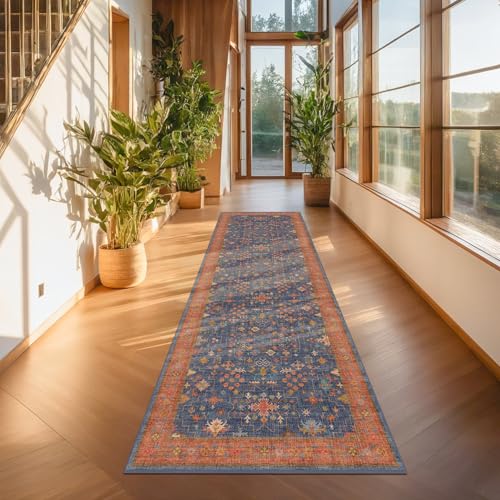 Washable 8 ft Long Runner for Kitchen Floor (2'6" x 8' (Runner) / Blue / Terracotta)