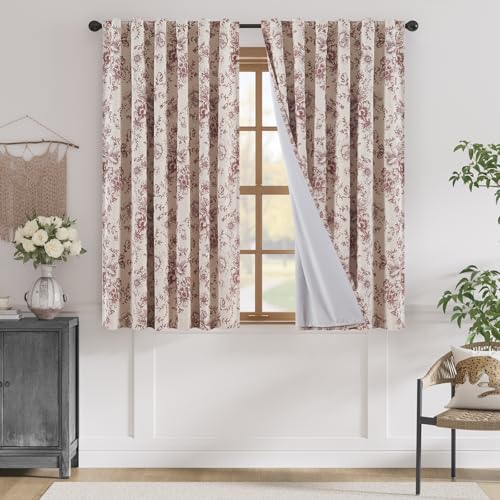 Floral Linen Blackout Curtains for Bedroom 63 Inches Long (Red / 50"W x 63"L (Pack of 2))
