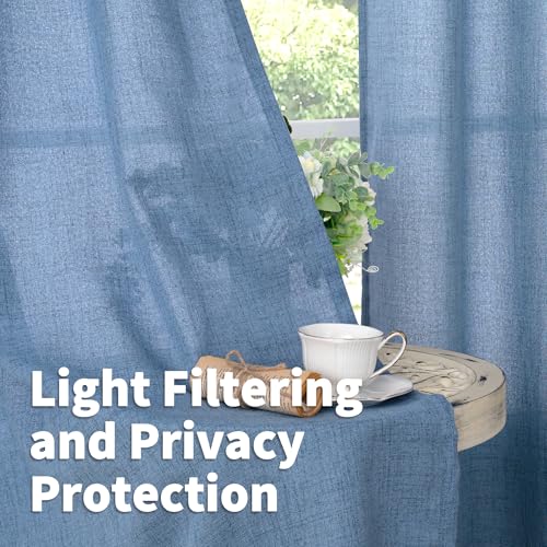 Denim Blue Linen Semi Sheer Curtains 80 Inch Length for Living Room (Denim Blue / 52"W x 80"L (Pack of 2))