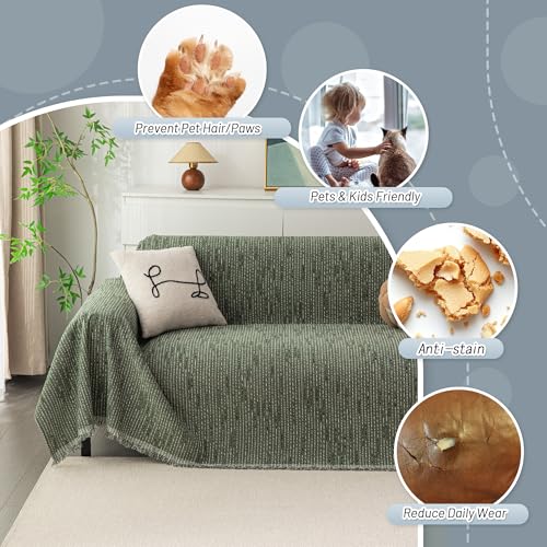 Loveseat Cover Moss Green Couch Cover Sectional Couch Covers for 2 Cushion Couch Sofa Thick Universal Chenille Sofa Cover with Tassel Durable Furniture Protector for Dogs 91" x 118" (91" x 118" / 9# Lines Moss Green)