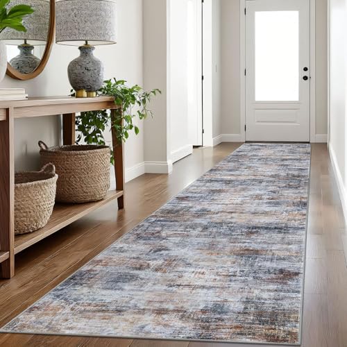 Abstract Runner Rug 3x16 Ft Washable Runners for Hallways (Orange/Brown/Grey / 3' x 16' (Rectangular))