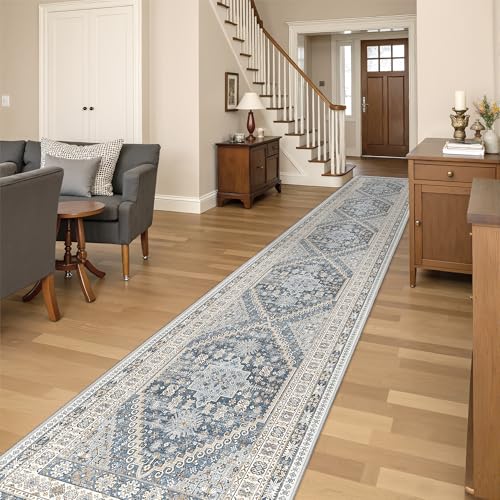 Washable Runner Rug 2.5x14 (Blue/Beige / 2'6" x 14' (Runner))