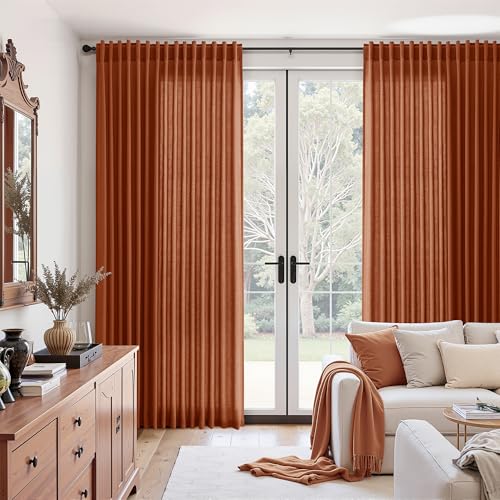 Extra Wide Linen Curtains for Living Room 84 Inches Long Terracotta Light Filtering Semi Sheer Boho Farmhouse Curtain for Bedroom Office Luxury Back Tab and Rod Pocket 100x84 (100"W x 84"L (Pack of 2) / Terracotta)