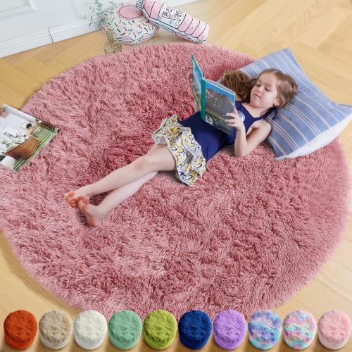 Blush Pink Large Round Shag Rug 6Ft for Girls Kids Bedroom Nursery (Blush Pink / 6' (Round))