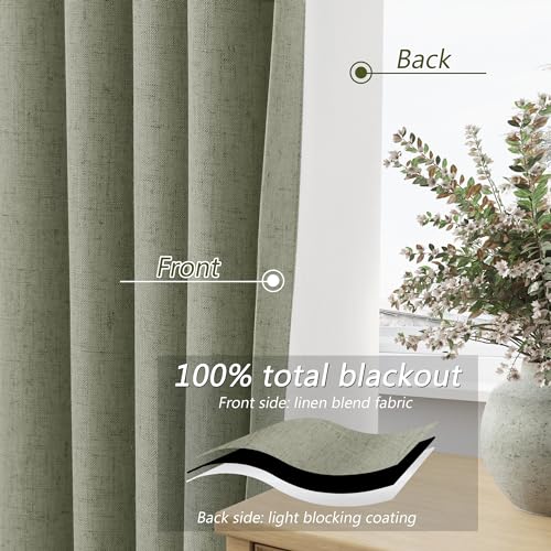 Sage Green 100% Blackout Curtains 63 Inch Length 2 Panels Set for Living Room Bedroom Back Tab Thermal Insulated Black Out Linen Drapes Room Darkening Window Curtains 63 Inches Long (Sage Green / 52"W x 63"L (Pack of 2))