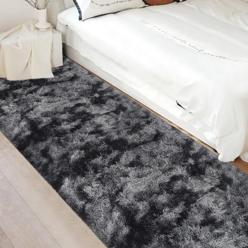 Tie Dyed Runner Rug for Bedroom Black Grey 3x10ft Fluffy Area Rug Bedside Runner Rug for Kids Room Boys Teens Nursery Baby Living Room Dorm Home Decor Carpets (Tie-dyed Black Grey / 3' x 10' (Runner))